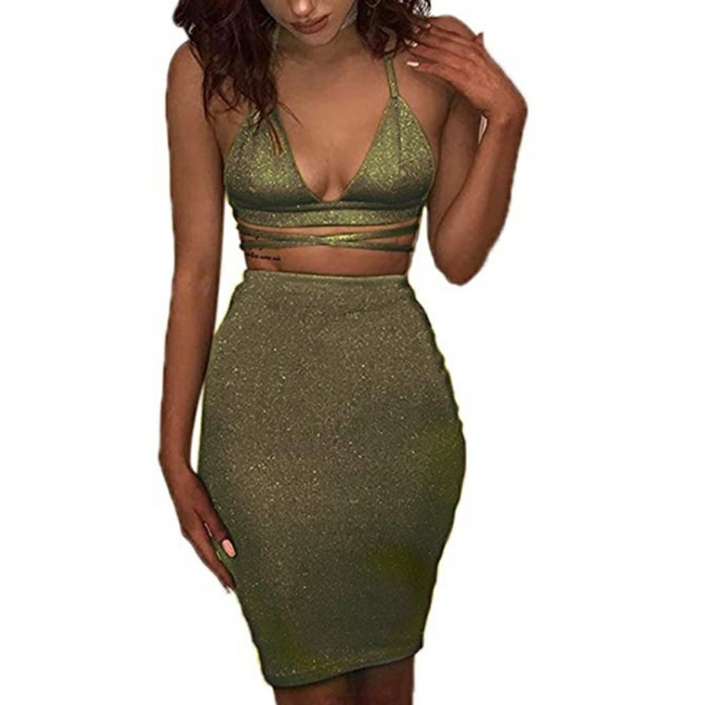Sexy Olive Green Glitter Two Piece